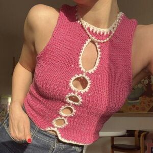 Vintage Pink Knit cute holes Sleeveless tank Top with Cutout Design size M